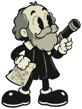 Galileo, mascota de Astrofest, un sabio de barba gris con catalejo